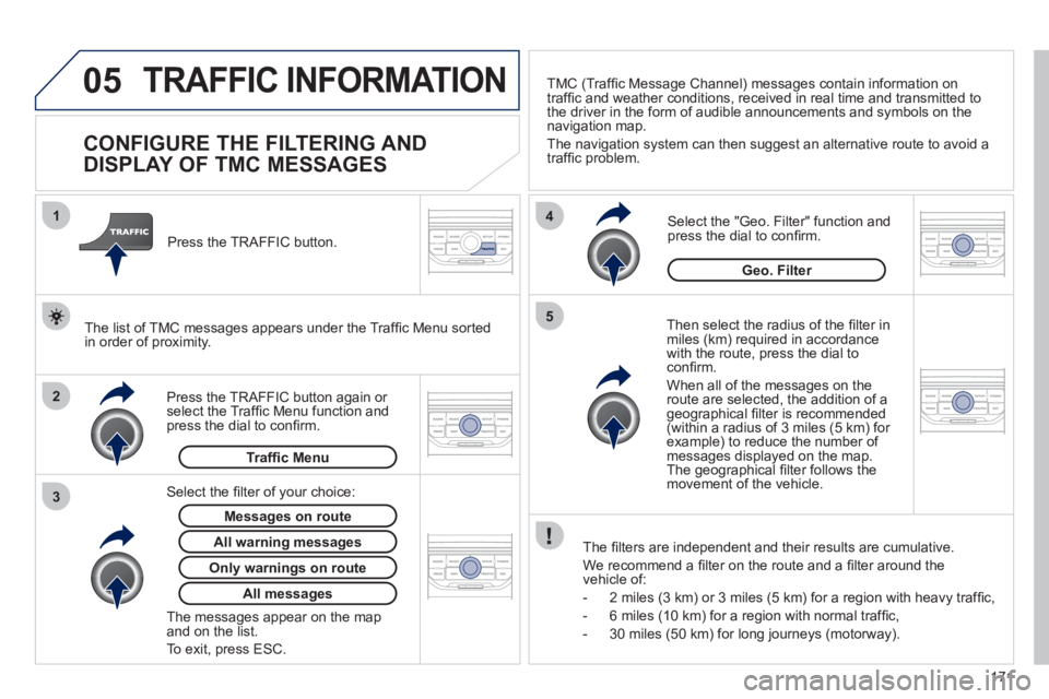 PEUGEOT 207 CC 2011  Owners Manual 171
05
2 1
3
4
5
TRAFFIC INFORMATION
   
 
 
 
 
 
 
 
 
CONFIGURE THE FILTERING AND 
DISPLAY OF TMC MESSAGES 
   
Then select the radius of the ﬁ lter in miles (km) required in accordance 
with the