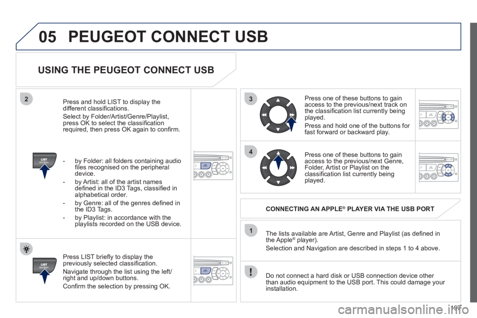 PEUGEOT 207 CC 2011 Owners Manual 197
3
4
05
2
1
LISTREFRESH
LISTREFRESH
USING THE PEUGEOT CONNECT USB
Press LIST briefl y to display thepreviously selected classifi cation.
Navi
gate through the list using the left/righ PEUGEOT 207 CC 2011 Owners Manual 197
3
4
05
2
1
LISTREFRESH
LISTREFRESH
USING THE PEUGEOT CONNECT USB
Press LIST briefl y to display thepreviously selected classifi cation.
Navi
gate through the list using the left/righ