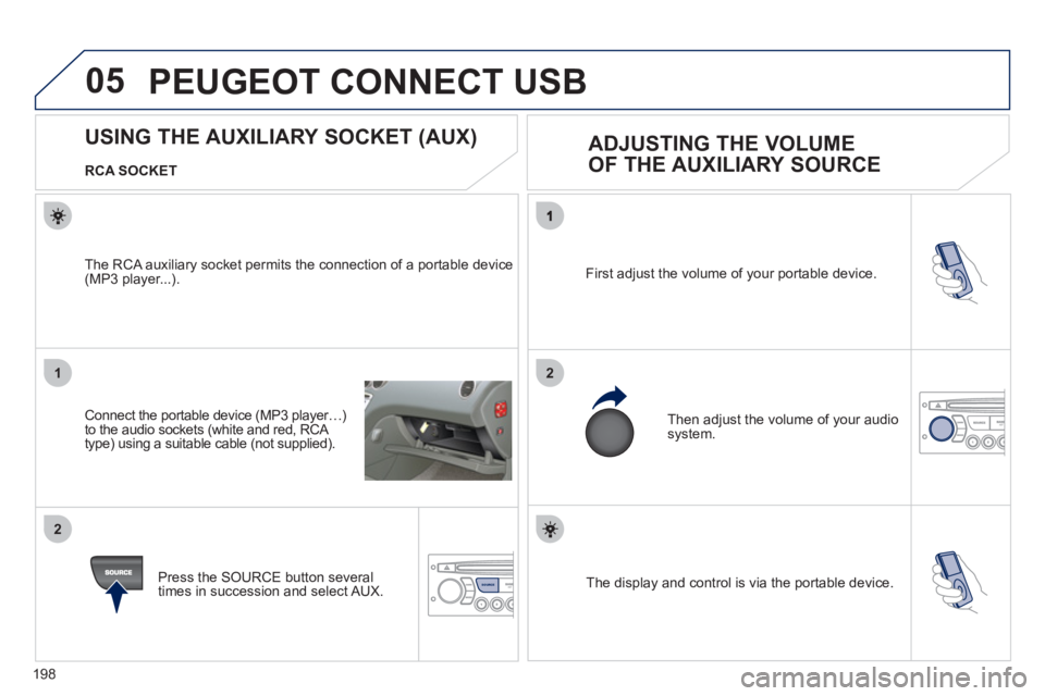 PEUGEOT 207 CC 2011 Owners Manual 198
05
21
2
SOURCE The display and control is via the portable device. First ad
just the volume of your portable device.
Then ad
just the volume of your audio system.
US PEUGEOT 207 CC 2011 Owners Manual 198
05
21
2
SOURCE The display and control is via the portable device. First ad
just the volume of your portable device.
Then ad
just the volume of your audio system.
US