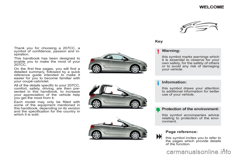 PEUGEOT 207 CC 2011  Owners Manual !
i
  Thank you for choosing a 207CC, a 
symbol of conﬁ dence, passion and in-
spiration. 
  This handbook has been designed to 
enable you to make the most of your 
207CC. 
  On the ﬁ rst few pag