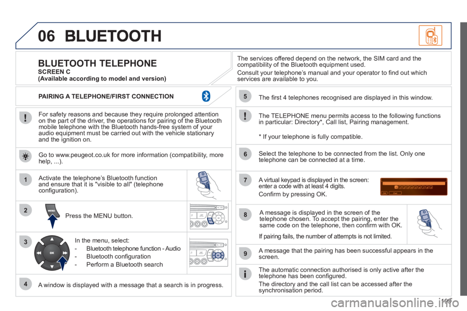 PEUGEOT 207 CC 2011 Owners Manual 199
06
1
2
3
4
5
6
7
8
9
MENU
OK
For safety reasons and because they require prolonged attentionon the part of the driver, the operations for pairing of the Bluetooth mobile telephone with the Blu PEUGEOT 207 CC 2011 Owners Manual 199
06
1
2
3
4
5
6
7
8
9
MENU
OK
For safety reasons and because they require prolonged attentionon the part of the driver, the operations for pairing of the Bluetooth mobile telephone with the Blu