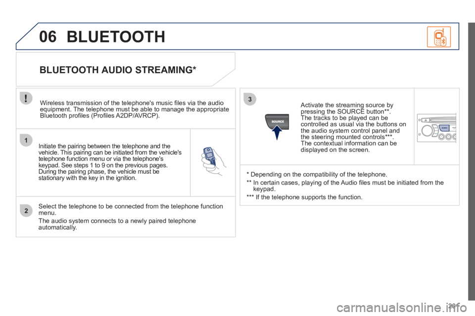PEUGEOT 207 CC 2011 Owners Manual 201
1
2
3
SOURCE
06
Initiate the pairing between the telephone and the
vehicle. This pairing can be initiated from the vehicles
telephone function menu or via the telephones
ke
ypad. See steps 1 PEUGEOT 207 CC 2011 Owners Manual 201
1
2
3
SOURCE
06
Initiate the pairing between the telephone and the
vehicle. This pairing can be initiated from the vehicles
telephone function menu or via the telephones
ke
ypad. See steps 1