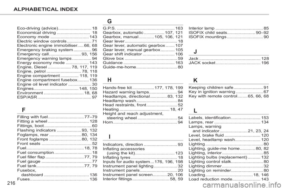 PEUGEOT 207 CC 2011  Owners Manual 216
ALPHABETICAL INDEX
Jack ................................................128JACK socket ...................................196
Keeping children safe .......................91Key in ignition warning