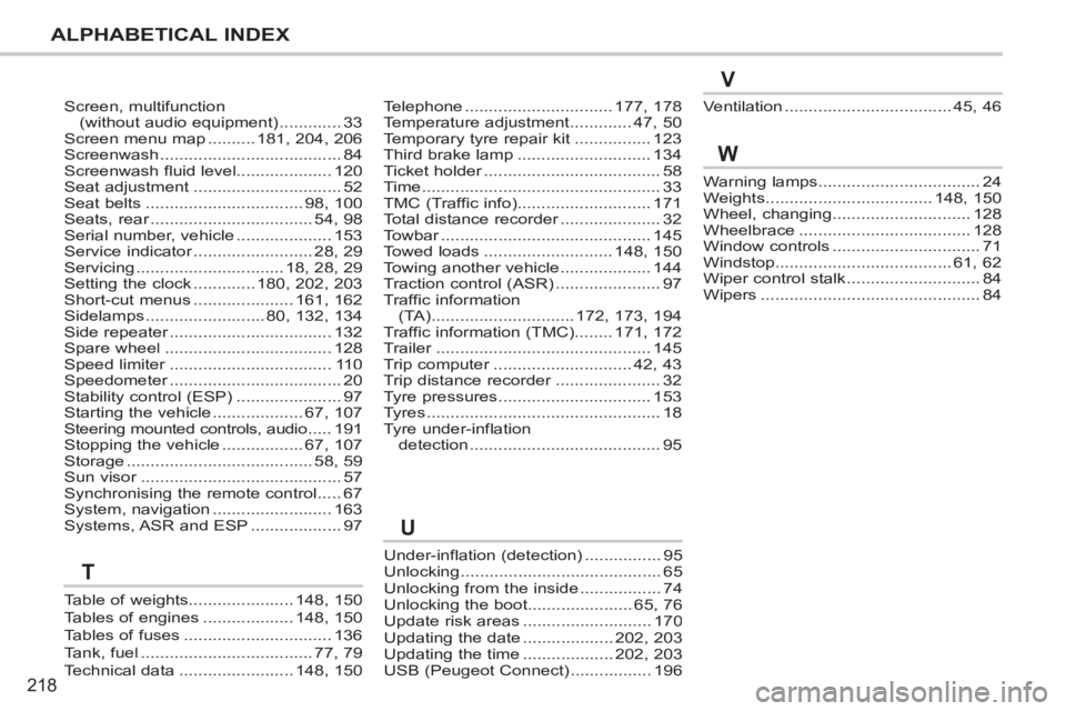 PEUGEOT 207 CC 2011 Owners Manual 218
ALPHABETICAL INDEX
Screen, multifunction(without audio equipment).............33Screen menu map..........181,204,206Screenwash......................................84Screenwash fluid level........ PEUGEOT 207 CC 2011 Owners Manual 218
ALPHABETICAL INDEX
Screen, multifunction(without audio equipment).............33Screen menu map..........181,204,206Screenwash......................................84Screenwash fluid level........