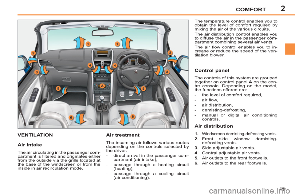 PEUGEOT 207 CC 2011 Service Manual 2COMFORT
45
VENTILATION   
Air treatment 
 
The incoming air follows various routes 
depending on the controls selected by 
the driver: 
   
 
-   direct arrival in the passenger com-
partment (air in