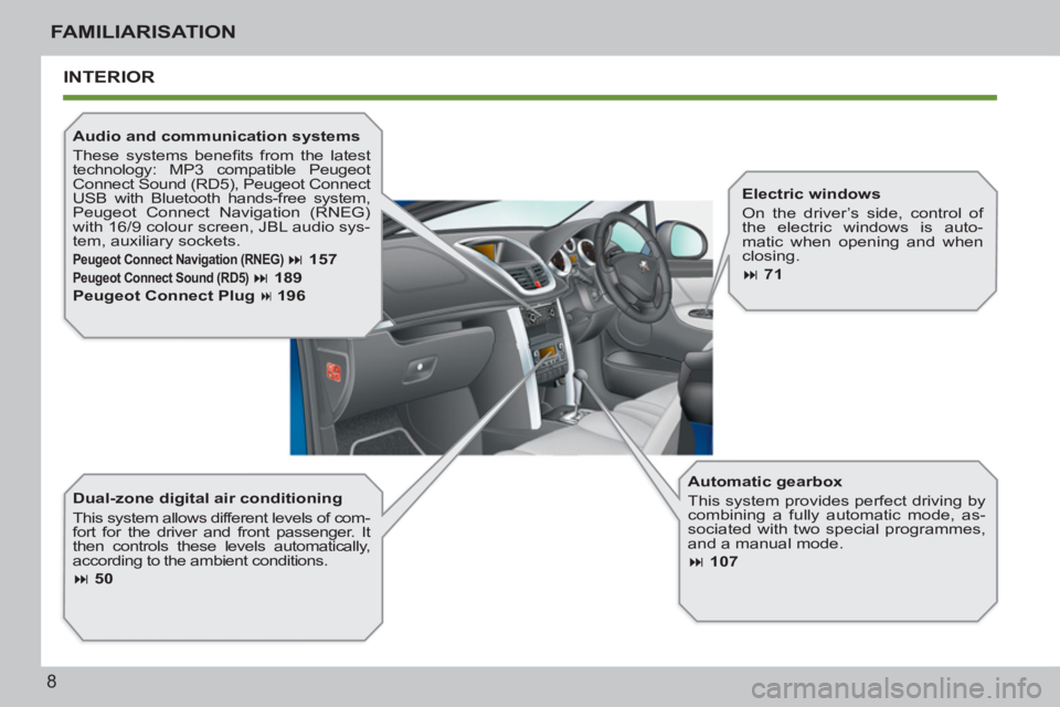 PEUGEOT 207 CC 2011  Owners Manual 8
FAMILIARISATION
  INTERIOR
 
 
Dual-zone digital air conditioning 
  This system allows different levels of com-
fort for the driver and front passenger. It 
then controls these levels automatically