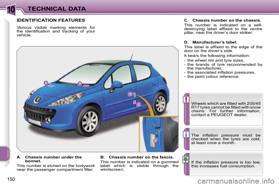 PEUGEOT 207 DAG 2005  Owners Manual �1�0
�!
�i
�T�E�C�H�N�I�C�A�L� �D�A�T�A
�1�5�0
�I�D�E�N�T�I�F�I�C�A�T�I�O�N� �F�E�A�T�U�R�E�S
�V�a�r�i�o�u�s�  �v�i�s�i�b�l�e�  �m�a�r�k�i�n�g�  �e�l�e�m�e�n�t�s�  �f�o�r�  
�t�h�e�  �i�d�e�n�t�i�ﬁ�