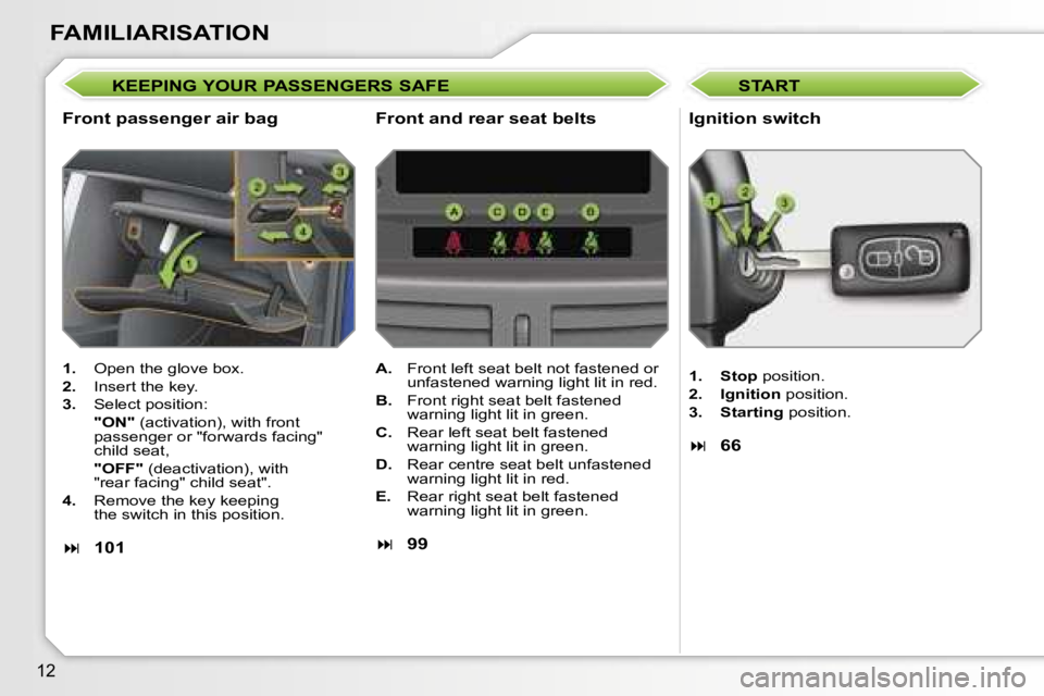 PEUGEOT 207 DAG 2005  Owners Manual �1�2
�K�E�E�P�I�N�G� �Y�O�U�R� �P�A�S�S�E�N�G�E�R�S� �S�A�F�E
�F�r�o�n�t� �p�a�s�s�e�n�g�e�r� �a�i�r� �b�a�g�I�g�n�i�t�i�o�n� �s�w�i�t�c�h
�1�.�  �O�p�e�n� �t�h�e� �g�l�o�v�e� �b�o�x�.
�2�. �  �I�n�s�