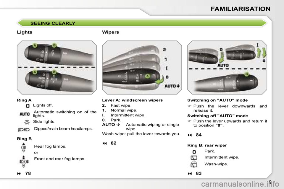 PEUGEOT 207 DAG 2006  Owners Manual �9
�F�A�M�I�L�I�A�R�I�S�A�T�I�O�N
�S�E�E�I�N�G� �C�L�E�A�R�L�Y
�L�i�g�h�t�s
�R�i�n�g� �A�S�w�i�t�c�h�i�n�g� �o�n� �"�A�U�T�O�"� �m�o�d�e 
��  �P�u�s�h�  �t�h�e�  �l�e�v�e�r�  �d�o�w�n�w�a�r