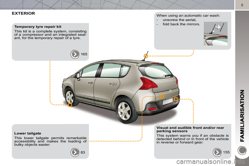PEUGEOT 308 2010  Owners Manual 5
 EXTERIOR  
  Temporary tyre repair kit  
 This kit is a complete system, consisting  
of  a  compressor  and  an  integrated  seal-
ant, for the temporary repair of a tyre.  165  
  Lower tailgate 