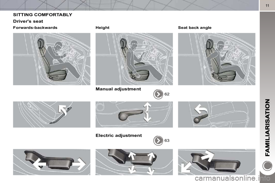 PEUGEOT 308 2010  Owners Manual 11
 SITTING COMFORTABLY 
  Drivers seat 
  Forwards-backwards     Height   
  Manual adjustment 
 62  
  Electric adjustment 
 63   Seat back angle                