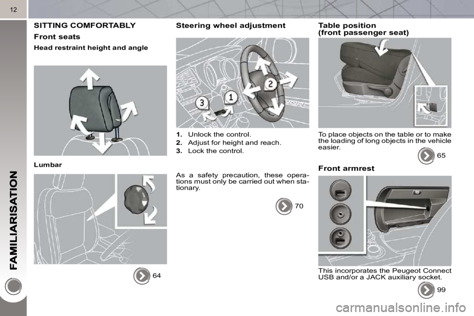 PEUGEOT 308 2010  Owners Manual 12
 SITTING COMFORTABLY 
  Front seats 
  Head restraint height and angle   
  Lumbar  64   
  Steering wheel adjustment 
   
1.    Unlock the control. 
  
2.    Adjust for height and reach. 
  
3.   