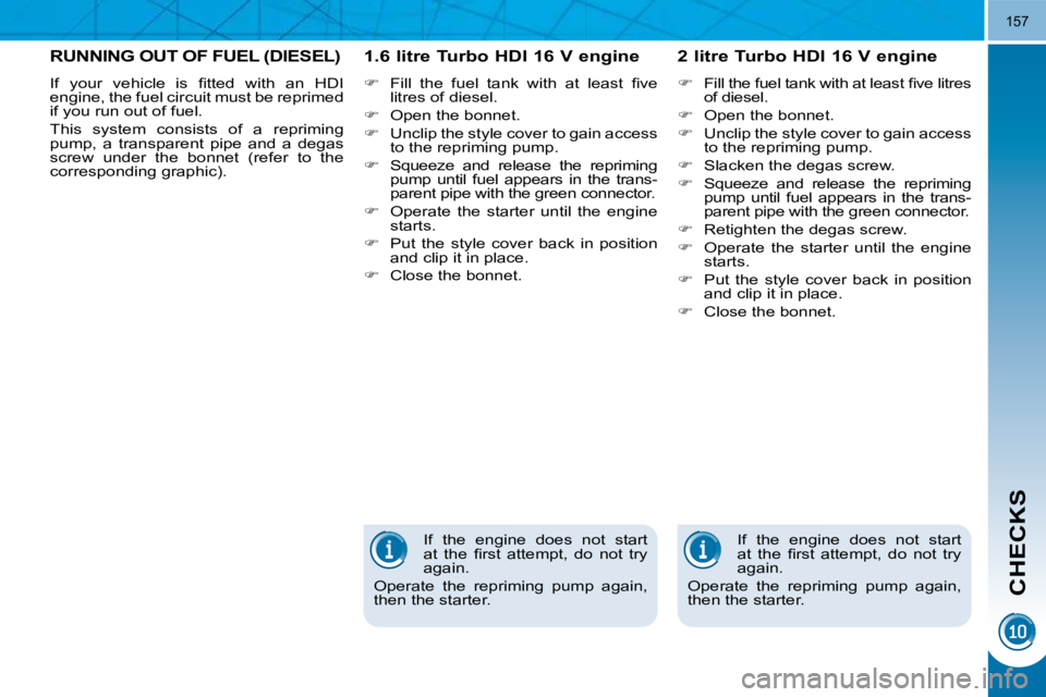 PEUGEOT 308 2009  Owners Manual CHECKS
157
RUNNING OUT OF FUEL (DIESEL) 
� �I�f�  �y�o�u�r�  �v�e�h�i�c�l�e�  �i�s�  �ﬁ� �t�t�e�d�  �w�i�t�h�  �a�n�  �H�D�I�  
engine, the fuel circuit must be reprimed 
if you run out of fuel.  
 