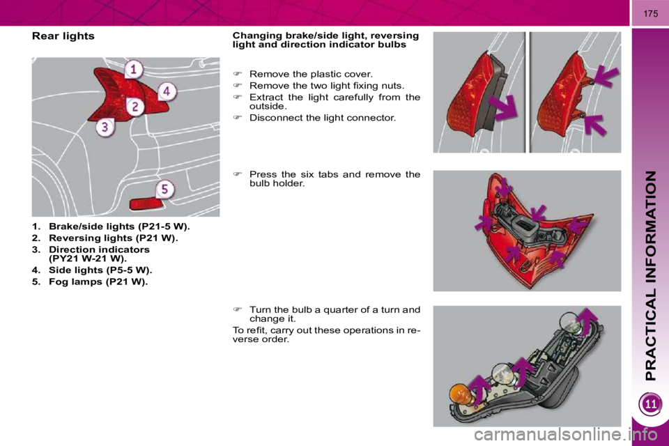 PEUGEOT 308 2009  Owners Manual PRACTICAL INFORMATION
175
                                  Rear lights  
   
1.     Brake/side lights (P21-5 W).   
  
2.     Reversing lights (P21 W).   
  
3.     Direction indicators  
(PY21 W-21 