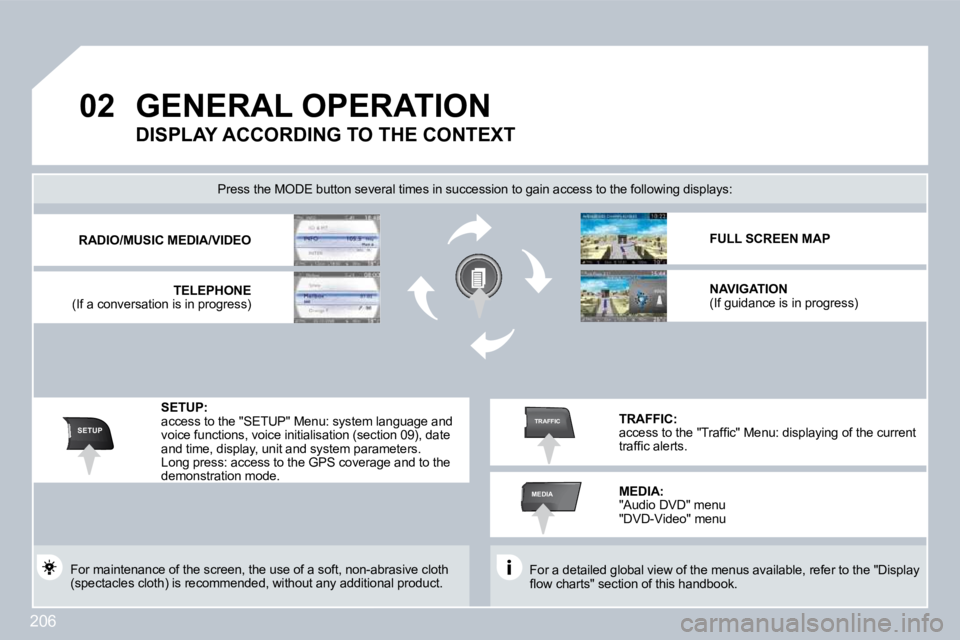 PEUGEOT 308 2009  Owners Manual 206
�0�2
SETUP
MEDIA
TRAFFIC
GENERAL OPERATION  
� �F�o�r� �a� �d�e�t�a�i�l�e�d� �g�l�o�b�a�l� �v�i�e�w� �o�f� �t�h�e� �m�e�n�u�s� �a�v�a�i�l�a�b�l�e�,� �r�e�f�e�r� �t�o� �t�h�e� �"�D�i�s�p�l�a�y�