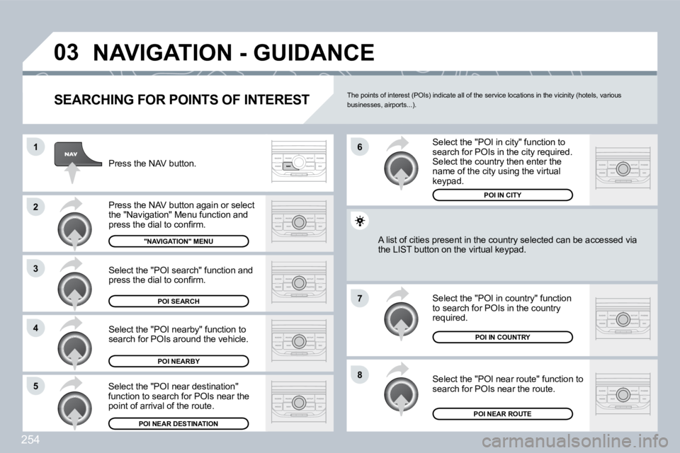 PEUGEOT 308 2009  Owners Manual 254
03
1
2
3
4
�7
85
6
 NAVIGATION - GUIDANCE 
  SEARCHING FOR POINTS OF INTEREST 
 Press the NAV button. 
� �P�r�e�s�s� �t�h�e� �N�A�V� �b�u�t�t�o�n� �a�g�a�i�n� �o�r� �s�e�l�e�c�t� �t�h�e� �"�N�