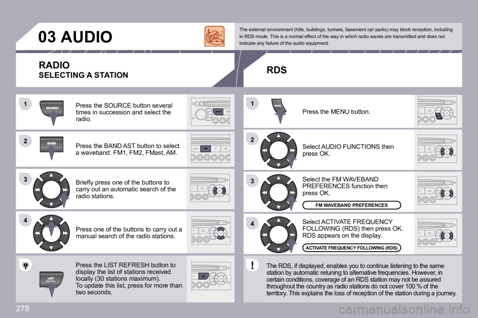 PEUGEOT 308 2009  Owners Manual 278
�2�2
�3�3
�4�4
�1�1
�2�2
�4�4
�3�3
�1�1
�0�3AUDIO 
 Press the SOURCE button several times in succession and select the radio. 
� �P�r�e�s�s� �t�h�e� �B�A�N�D� �A�S�T� �b�u�t�t�o�n� �t�o� �s�e�l�e�