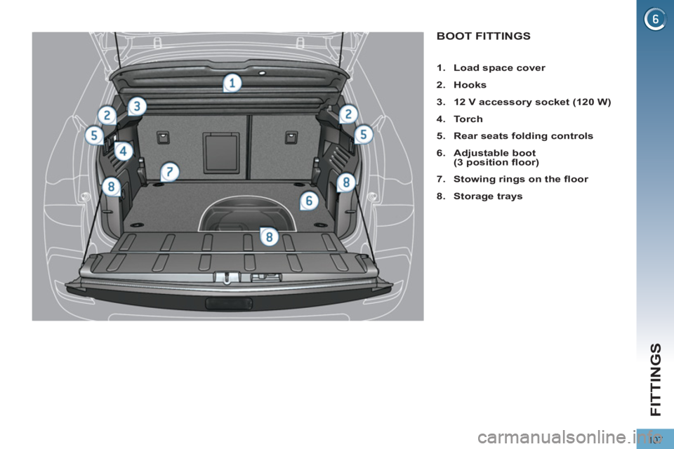 PEUGEOT 308 2011  Owners Manual 107
FITTINGS
   
 
 
 
 
 
 
 
 
 
 
 
 
 
 
 
 
BOOT FITTINGS 
 
 
 
 
1. 
  Load space cover 
 
   
2. 
  Hooks 
 
   
3. 
  12 V accessory socket (120 W) 
 
   
4. 
  To r c h 
 
   
5. 
  Rear sea