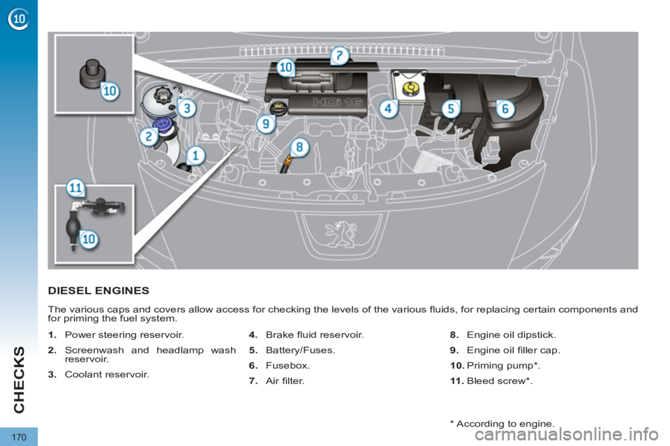 PEUGEOT 308 2011  Owners Manual 170
CHECKS
   
 
 
 
 
 
 
 
 
 
 
 
 
DIESEL ENGINES 
 
The various caps and covers allow access for checking the levels of the various ﬂ uids, for replacing certain components and 
for priming the