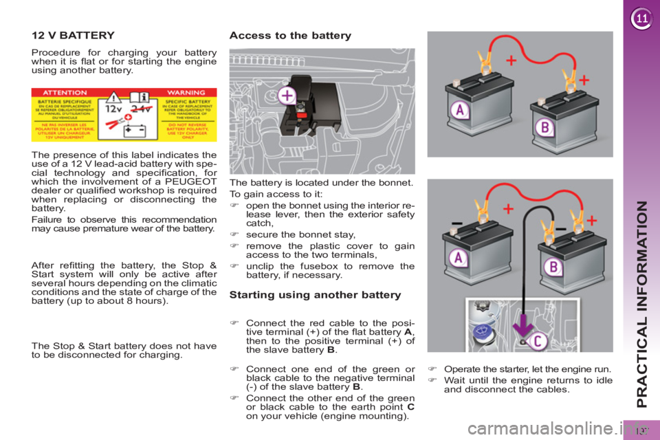 PEUGEOT 308 2011  Owners Manual 197
PRACTICAL INFORMATION
   
 
 
 
 
 
 
 
 
 
 
12 V BATTERY 
 
Procedure for charging your battery 
when it is ﬂ at or for starting the engine 
using another battery. 
   
Access to the battery 
