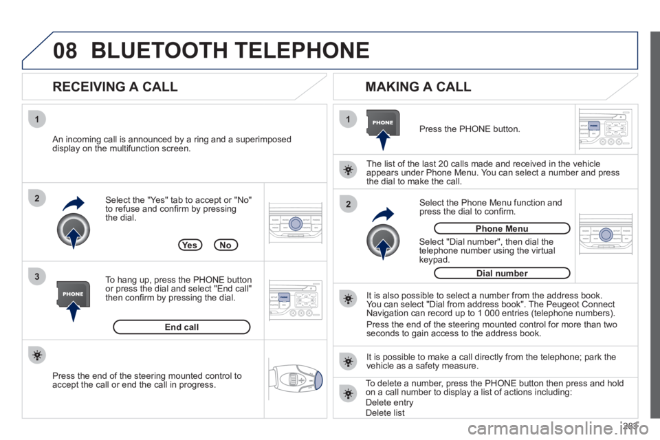 PEUGEOT 308 2011 Owners Manual 283
08
1
3 2
2 1
Select the "Yes" tab to accept or "No"
to refuse and confi rm by pressing
the dial.
RECEIVING A CALL
MAKING A CALL
An incoming call is announced by a ring and a su PEUGEOT 308 2011 Owners Manual 283
08
1
3 2
2 1
Select the "Yes" tab to accept or "No"
to refuse and confi rm by pressing
the dial.
RECEIVING A CALL
MAKING A CALL
An incoming call is announced by a ring and a su