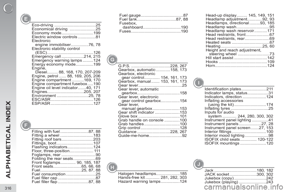 PEUGEOT 308 2011  Owners Manual E
G
F
H
I
J
316
ALPHABETICAL INDEX
Eco-driving ...................................25
Economical driving  ......................25
Economy mode...........................199
Electric window controls ..