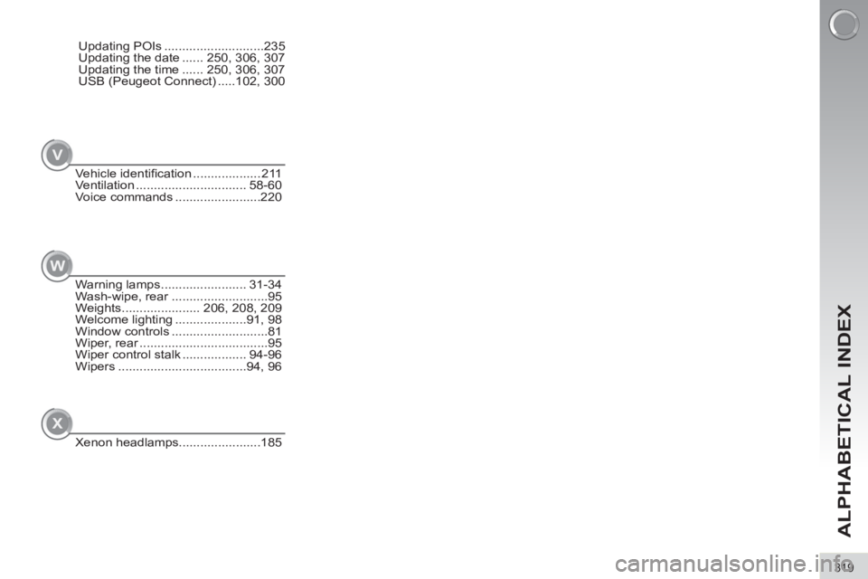 PEUGEOT 308 2011 Owners Manual V
W
X
319
ALPHABETICAL INDEX
Updating POIs ............................235
Updating the date ...... 250, 306, 307
Updating the time ...... 250, 306, 307
USB (Peugeot Connect) .....102, 300
Vehicle ide PEUGEOT 308 2011 Owners Manual V
W
X
319
ALPHABETICAL INDEX
Updating POIs ............................235
Updating the date ...... 250, 306, 307
Updating the time ...... 250, 306, 307
USB (Peugeot Connect) .....102, 300
Vehicle ide