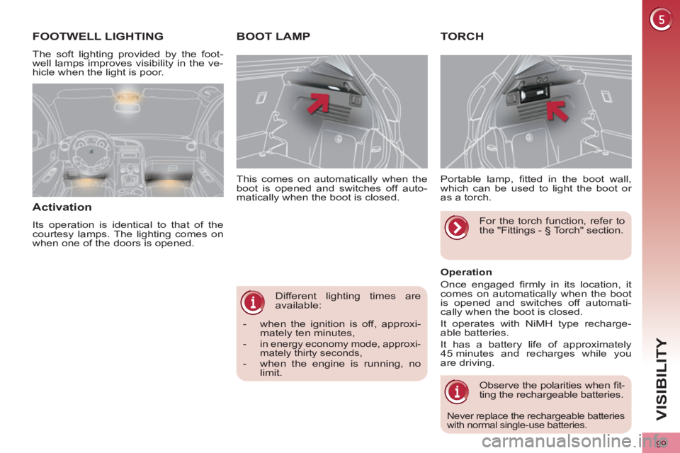 PEUGEOT 308 2012  Owners Manual 99
VISIBILITY
  Different lighting times are 
available:    This comes on automatically when the 
boot is opened and switches off auto-
matically when the boot is closed. 
   
 
 
 
 
 
 
 
BOOT LAMP 