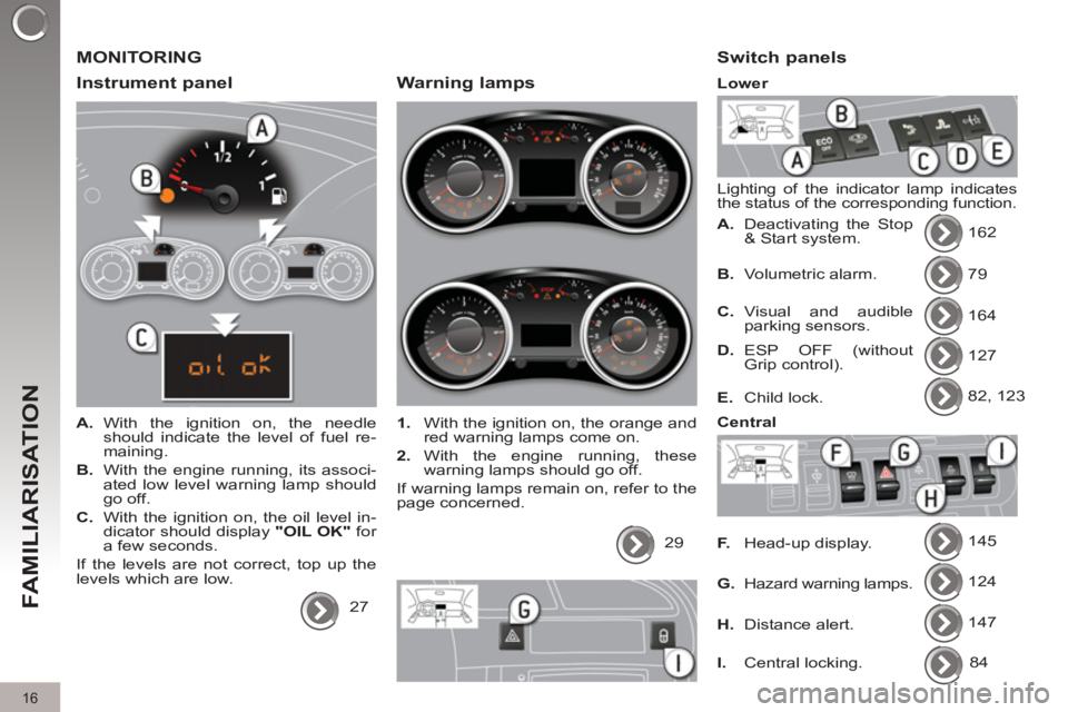 PEUGEOT 308 2012 User Guide 16
FAMILIARISATION
MONITORING
Instrument panel
A.
With the ignition on, the needle
should indicate the level of fuel re-
maining.
B.
With the engine running, its associ-
ated PEUGEOT 308 2012 User Guide 16
FAMILIARISATION
MONITORING
Instrument panel
A.
With the ignition on, the needle
should indicate the level of fuel re-
maining.
B.
With the engine running, its associ-
ated