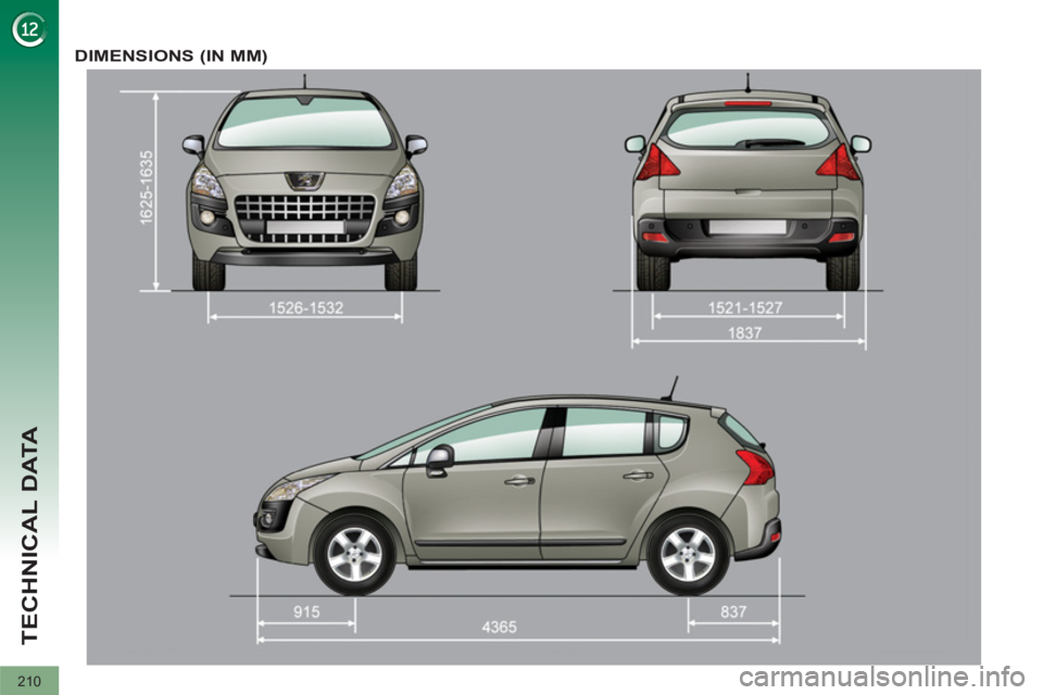 PEUGEOT 308 2012  Owners Manual 210
TECHNICAL DATA
   
 
 
 
 
DIMENSIONS (IN MM)  