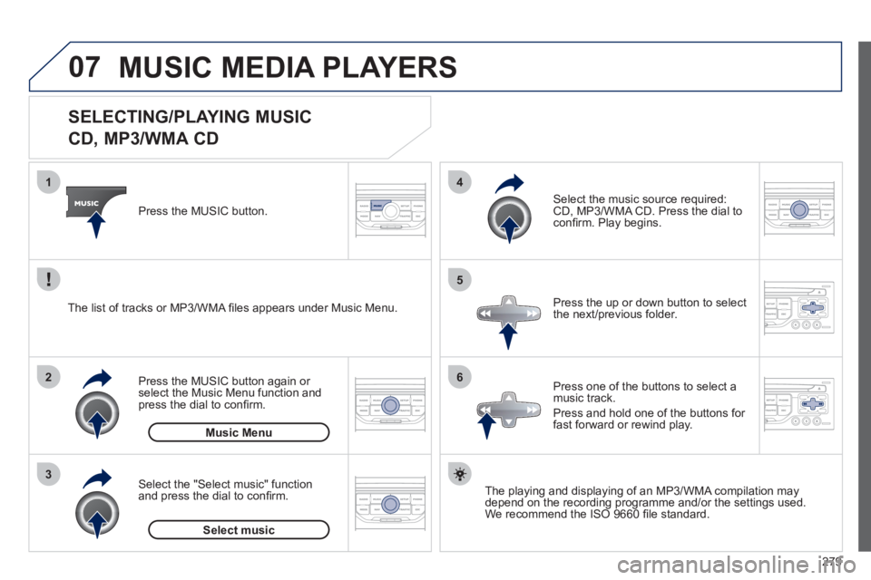 PEUGEOT 308 2012 Owners Manual 279
07
3 2 1
6
4
5
SELECTING/PLAYING MUSIC
CD, MP3/WMA CD
The playing and displaying of an MP3/WMA compilation may
depend on the recording programme and/or the settin PEUGEOT 308 2012 Owners Manual 279
07
3 2 1
6
4
5
SELECTING/PLAYING MUSIC
CD, MP3/WMA CD
The playing and displaying of an MP3/WMA compilation may
depend on the recording programme and/or the settin