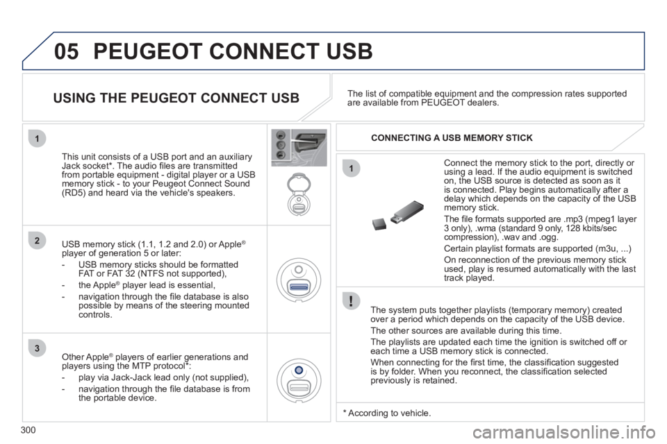 PEUGEOT 308 2012  Owners Manual 300
05
1
1
2
3
  PEUGEOT CONNECT USB 
 
 
The system puts together playlists (temporary memory) created 
over a period which depends on the capacity of the USB device. 
  The other sources are availab
