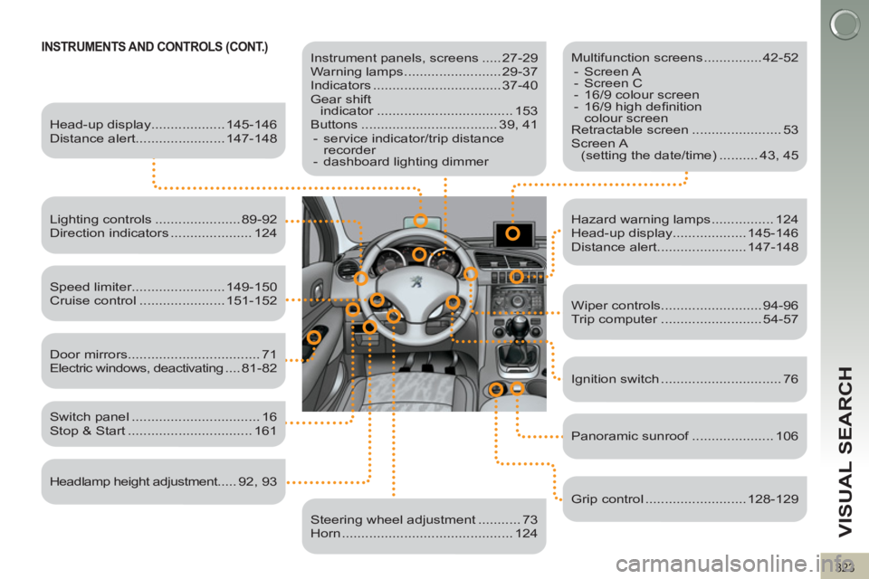 PEUGEOT 308 2012  Owners Manual 323
VISUAL SEARCH
  INSTRUMENTS AND CONTROLS (CONT.)   
 
Instrument panels, screens ..... 27-29 
  Warning lamps ......................... 29-37 
  Indicators ................................. 37-40 