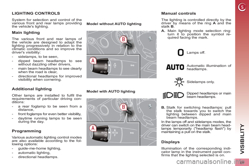 PEUGEOT 308 2012  Owners Manual 89
VISIBILITY
   
 
 
 
 
 
 
 
 
 
 
 
 
 
LIGHTING CONTROLS 
 
System for selection and control of the 
various front and rear lamps providing 
the vehicles lighting. 
   
Main lighting 
 
The vari