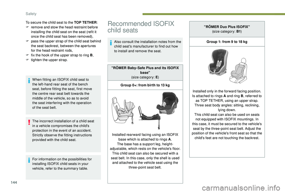 PEUGEOT 308 2018 Owners Manual 144
To secure the child seat to the TOP TETHER:
F r emove and stow the head restraint before
installing the child seat on the seat (refit it
once the child seat has been removed),
F
p
ass the up PEUGEOT 308 2018 Owners Manual 144
To secure the child seat to the TOP TETHER:
F r emove and stow the head restraint before
installing the child seat on the seat (refit it
once the child seat has been removed),
F
p
ass the up