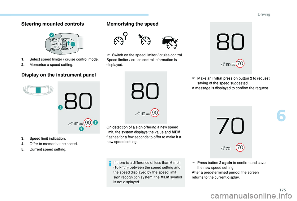 PEUGEOT 308 2018 Owners Manual 175
Steering mounted controls
Display on the instrument panel
1. Select speed limiter / cruise control mode.
2. Memorise a speed setting.
3. Speed limit indication.
4. Offer to memorise the speed.
5. PEUGEOT 308 2018 Owners Manual 175
Steering mounted controls
Display on the instrument panel
1. Select speed limiter / cruise control mode.
2. Memorise a speed setting.
3. Speed limit indication.
4. Offer to memorise the speed.
5.