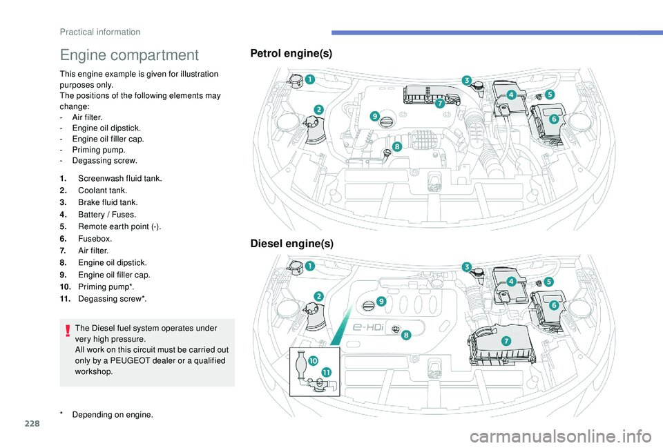 PEUGEOT 308 2018  Owners Manual 228
Engine compartment
This engine example is given for illustration 
purposes only.
The positions of the following elements may 
change:
- 
A
 ir filter.
-
 
E
 ngine oil dipstick.
-
 
E
 ngine oil f