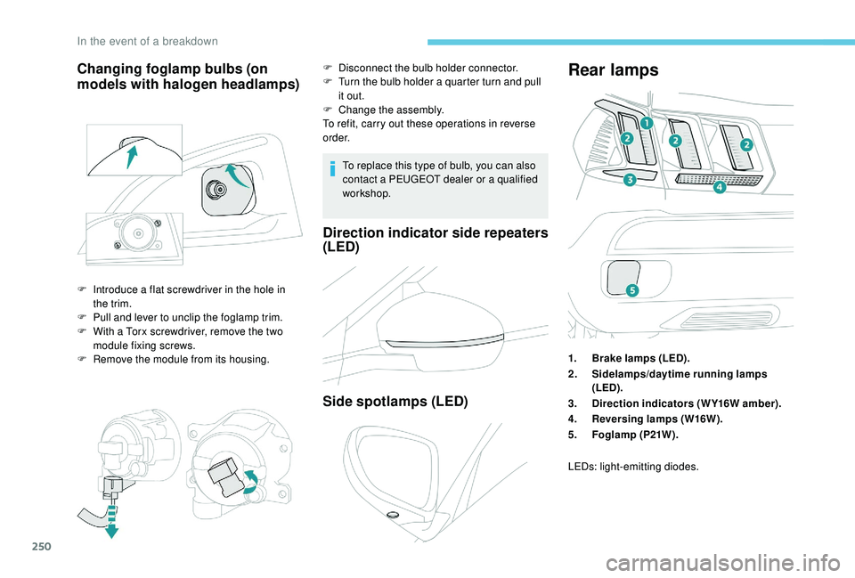 PEUGEOT 308 2018 Owners Manual 250
To replace this type of bulb, you can also
contact a PEUGEOT dealer or a qualified
workshop.
Direction indicator side repeaters
(LED)
Side spotlamps (LED)
Rear lamps
1.Brake lamps (LED).
2. Sid PEUGEOT 308 2018 Owners Manual 250
To replace this type of bulb, you can also
contact a PEUGEOT dealer or a qualified
workshop.
Direction indicator side repeaters
(LED)
Side spotlamps (LED)
Rear lamps
1.Brake lamps (LED).
2. Sid