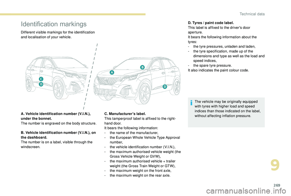 PEUGEOT 308 2018  Owners Manual 269
Identification markings
Different visible markings for the identification 
and localisation of your vehicle.
A. Vehicle identification number (V.I.N.), 
under the bonnet.
The number is engraved on