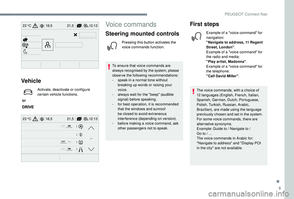 PEUGEOT 308 2018  Owners Manual 5
12:13
18,5 21,5
23 °C
12:13
18,5 21,5
23 °C
Vehicle
 or  Activate, deactivate or configure 
certain vehicle functions.
Voice commands
Steering mounted controls
Pressing this button activates the 
