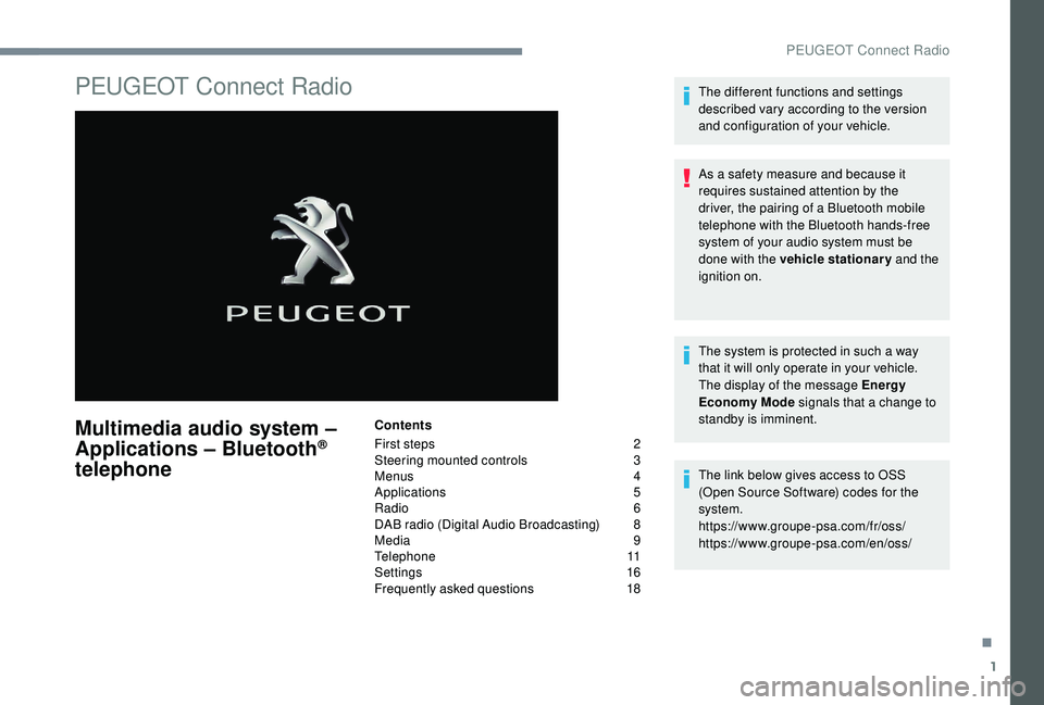 PEUGEOT 308 2018  Owners Manual 1
PEUGEOT Connect Radio
Multimedia audio system – 
A pplications   – Bluetooth® 
telephone
Contents
First steps 
 
2
S

teering mounted controls   
3
M

enus   
4
A

pplications   
5
R

adio   
6