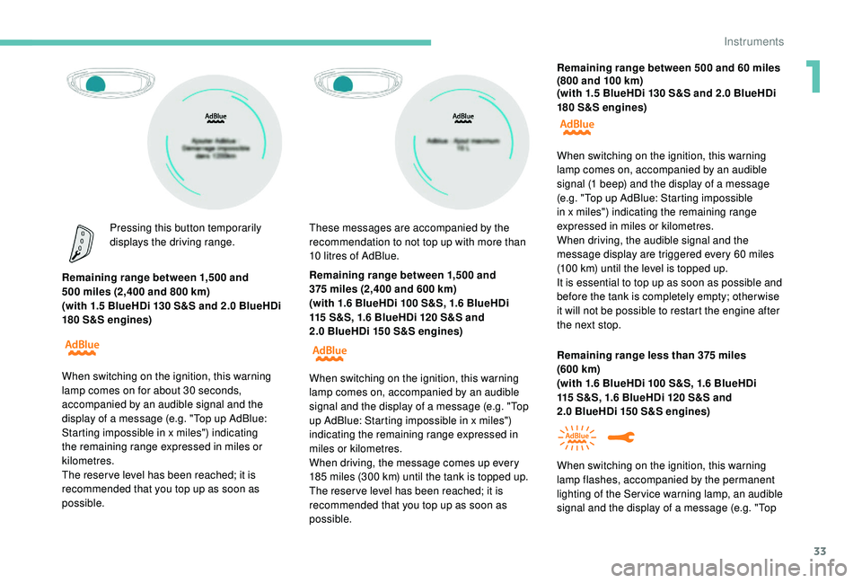 PEUGEOT 308 2018  Owners Manual 33
Pressing this button temporarily 
displays the driving range.
Remaining range between 1,500
  and 
500
 
miles (2,400 and 800   km) 
(with 1.5
 
BlueHDi 130   S&S and 2.0   BlueHDi 
180
 
S&S engin