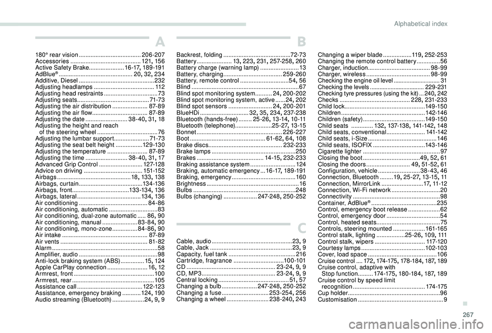 PEUGEOT 308 2018  Owners Manual 267
A
180° rear vision .....................................20 6-207
Accessories  .......................................... 121, 15 6
Active Safety Brake..................... 16 -17, 18 9 -191
AdBlu