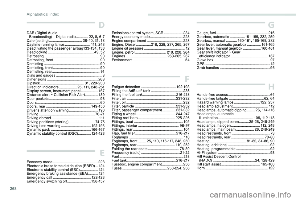 PEUGEOT 308 2018  Owners Manual 268
D
DAB (Digital Audio Broadcasting)  – Digital radio  ............22, 8, 6 -7
Date (setting)
 

................................. 38-40, 31, 18
Daytime running lamps
 

.........................1