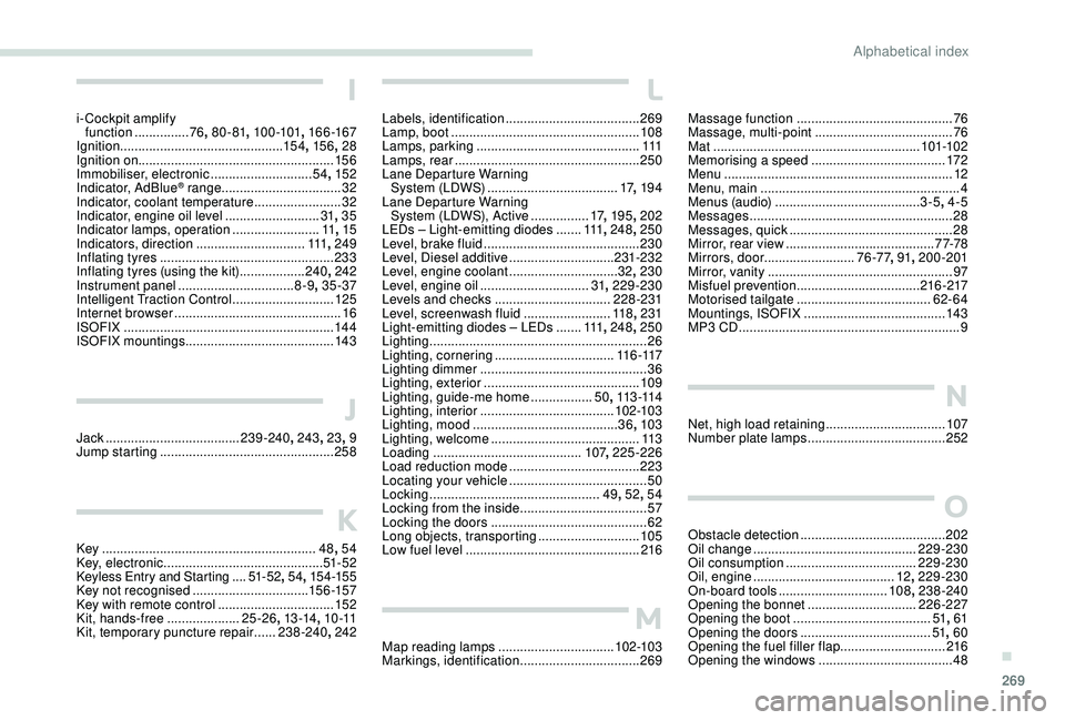 PEUGEOT 308 2018  Owners Manual 269
Massage function  ...........................................76
M assage, multi-point  ...................................... 76
Mat
 

......................................................... 10