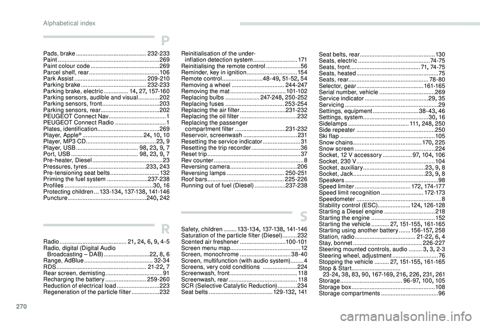 PEUGEOT 308 2018 Owners Manual 270
P
Pads, brake ........................................... 232-233
Paint .............................................................. 269
Paint colour code
.................................... PEUGEOT 308 2018 Owners Manual 270
P
Pads, brake ........................................... 232-233
Paint .............................................................. 269
Paint colour code
....................................