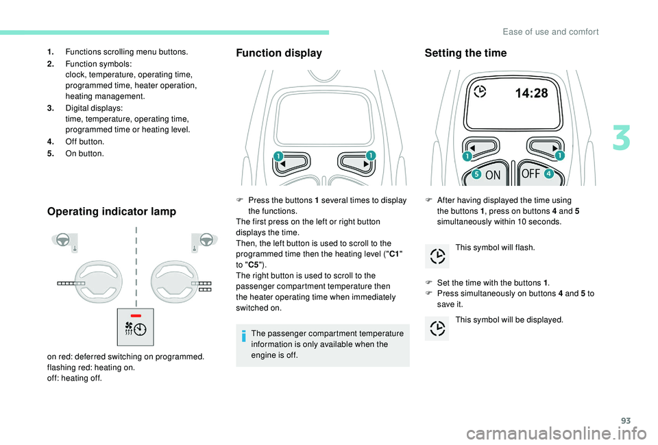 PEUGEOT 308 2018  Owners Manual 93
Operating indicator lampFunction display
The passenger compartment temperature 
information is only available when the 
engine is off.
Setting the time
F Set the time with the buttons 1
.
F  P ress