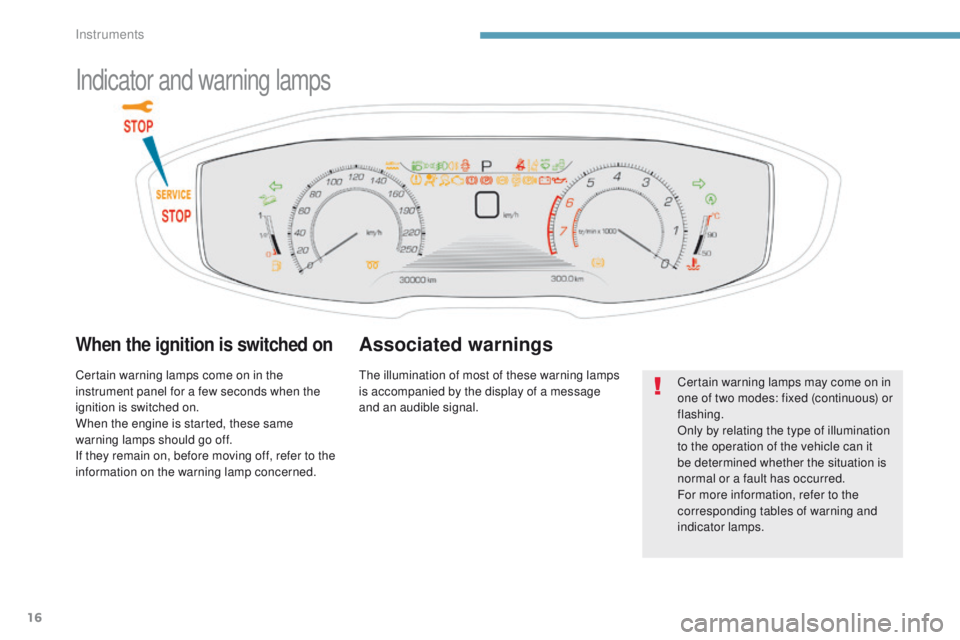 PEUGEOT 308 2017  Owners Manual 16
3008-2_en_Chap01_instruments-de-bord_ed01-2016
Indicator and warning lamps
When the ignition is switched on
Certain warning lamps come on in the 
instrument panel for a few seconds when the 
igniti