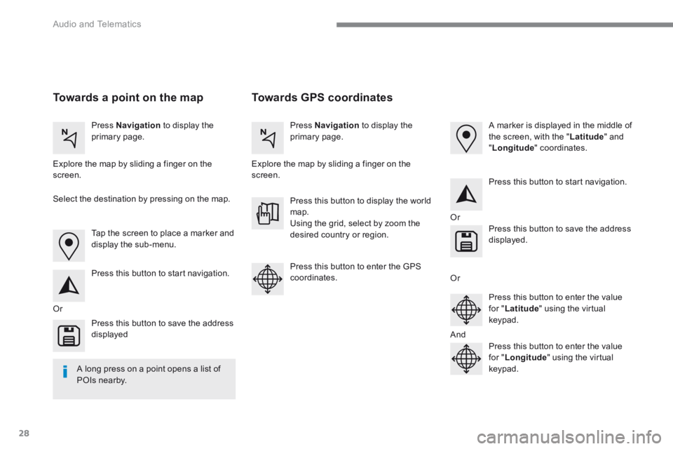 PEUGEOT 308 2017  Owners Manual 28
 Audio and Telematics 
Transversal-Peugeot_en_Chap01_NAC-2-2-0_ed01-2016
       Towards  GPS  coordinates     Towards a point on the map  
  Press   Navigation  to display the primary  page.    Pre