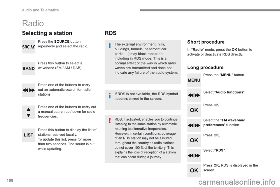 PEUGEOT 308 2017  Owners Manual 158
 Audio and Telematics 
RDS 
  Short  procedure  
  Long  procedure  
  The external environment (hills, buildings, tunnels, basement car parks, ...) may block reception, including in RDS mode. Thi
